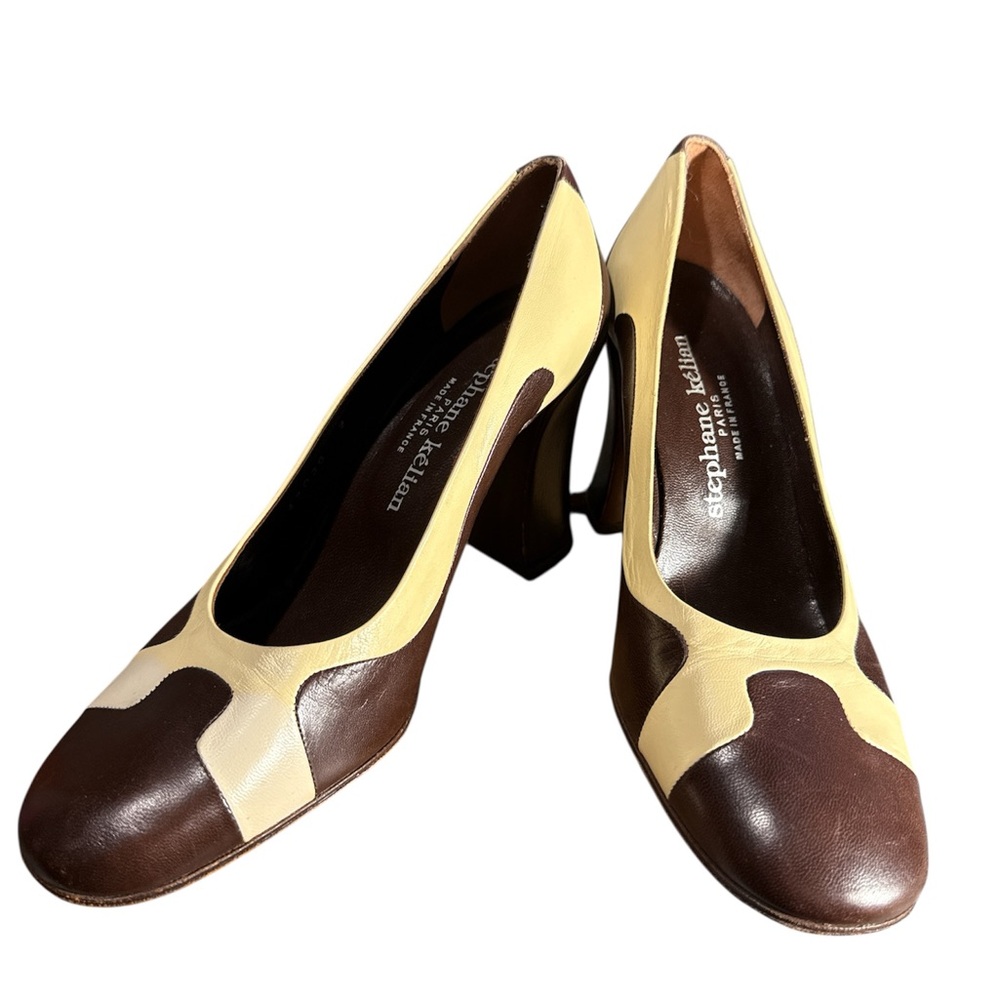 Stephane Kelian Paris (Made in France)Two-Tone Brown/Cream Leather High Heels